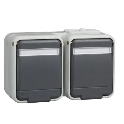 Elso Steckdose 2-fach 445449 | Aufputz | SCHUKO | Klappdeckel | Schriftfeld | IP44 | Steckklemmen | licht-/basaltgrau