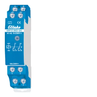Eltako ER12-002-UC Schaltrelais | 2 Wechsler | 16A | 8-230V UC | DIN-Schiene | leises Schalten | LED-Anzeige