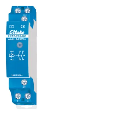 Eltako Schaltrelais ER12-200-UC | 2 Schließer potenzialfrei | 16A 250V AC | DIN-Schiene | 8-230V UC | 1TE | 2000W