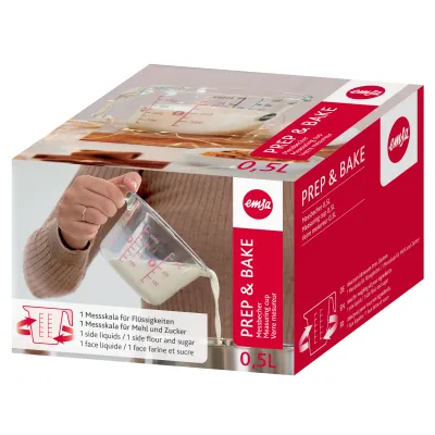 Emsa Messbecher Prep&Bake K32360 | Glas | 0,5l | doppelte Skala | Ausgießrand | spülmaschinengeeignet | transparent