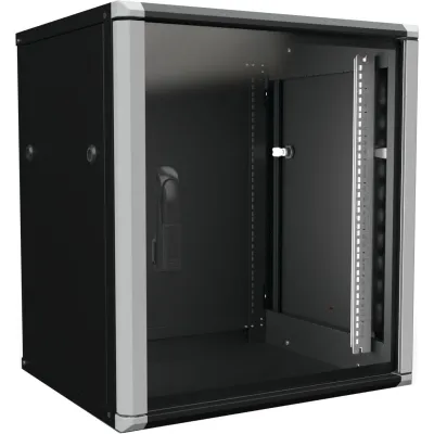 Enoc Wandschrank 12HE W2 12-65-S | 19 Zoll Netzwerkgehäuse | 600x500x668 mm | abschließbar | ESG-Glasfront | schwarz