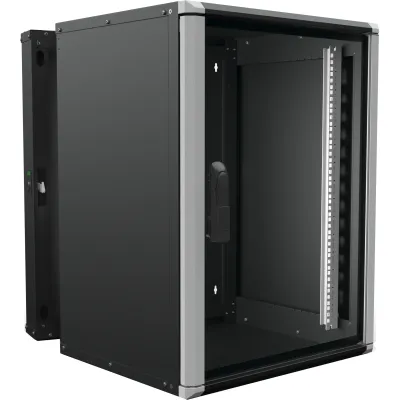 ENOC Wandschrank Wr2 15-66-S 15HE 19 Zoll | Aluminium Hybrid | 600x600x801 mm | Glastür | schwenkbar | schwarz RAL9005