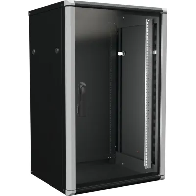 Enoc Wandschrank W2 18-65-S | 19 Zoll 18HE | Aluminium-Stahl Hybrid | 600x500x934mm | ESG-Glasfront | schwarz RAL9005