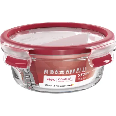 Emsa Frischhaltedose Clip & Close Glas N10402 | rund 0,55 L | auslaufsicher | ofenfest | mit Einteiler | Transparent/Rot