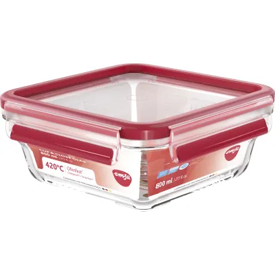 Emsa Frischhaltedose Clip & Close Glas N10414 | 0,8 L | quadratisch | ofenfest | BPA-frei | rot