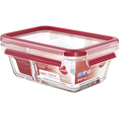 EMSA Frischhaltedose Clip & Close 18499 | Glas | rechteckig 0,8L | mit Einteiler | ofenfest | mikrowellengeeignet | rot