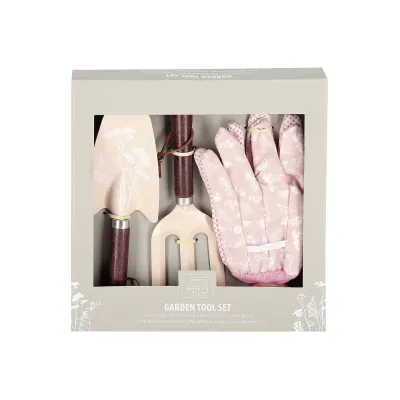 ESSCHERT DESIGN Gartengeräte Set 3-teilig | inkl. Handschuhe | Edelstahl & Eukalyptusholz | 10,6x0,9x23 cm