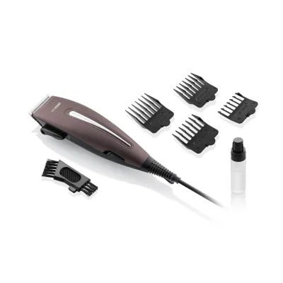 Hyundai Haarschneider HC 910 | Netzbetrieb 15W | Edelstahlklingen | 1–12 mm Schnittlänge | 4 Aufsätze | schwarz/braun