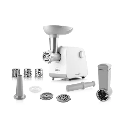 Hyundai Fleischwolf HYUMG740 1300W | Elektrisch | Edelstahlmesser | 3 Mahlplatten | Reibe-Aufsatz | Weiß
