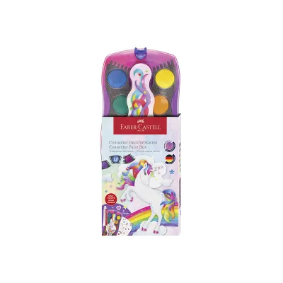 Faber-Castell Connector Wasserfarbkasten Einhorn | 12 Farben inkl. Deckweiß & Sticker | entnehmbare Näpfchen