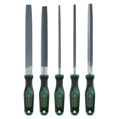 Bosch Feilen-Set 1600A02ZB0 | 5-teilig | Handfeilen 200mm | Flach, Rund, Vierkant, Dreikant | Softgrip | Metall