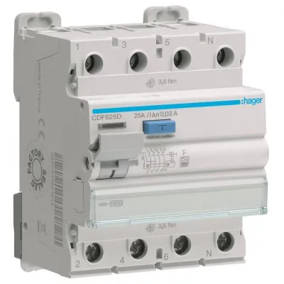 Hager FI-Schutzschalter CDF625D | Fehlerstromschutzschalter 4-polig 10kA 25A 30mA Typ F | 400V | REG | IP2x | VDE