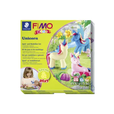 STAEDTLER FIMO kids Modelliermasse Set 8034 19 LYST | Einhorn basteln | ofenhärtend | 4 Farben | Anleitung | 5-teilig