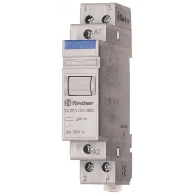Finder Installationsrelais 22.22.9.024.4000 | 2 Schließer 20A | 24V DC | mechanisch | DIN-Schiene 1TE | Prüftaste | IP20