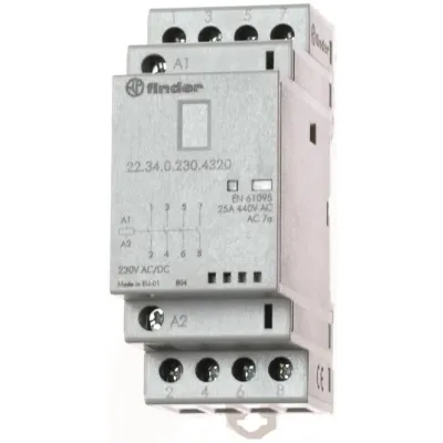 Finder Installationsschütz 22.34.0.230.4320 | 25A | 4 Schließer | 230V AC/DC | LED | 35mm Schiene | Schwarz