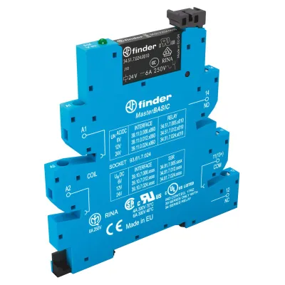 Finder Koppelrelais 39.11.0.024.0060 | 24V AC/DC | 1 Wechsler 6A | Schraubanschluss | LED | DIN-Schiene | Blau