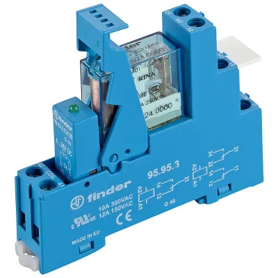 Finder Koppelrelais 49.52 | 24V DC | 2 Wechsler | 8A | AgNi | EMV | LED | Schraubanschluss | DIN-Schiene