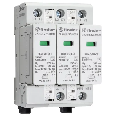 Finder Überspannungsableiter 7P.23.8.275.1020 | Typ 2 | 3-phasig | TN-C | 20/40 kA | Fernmeldekontakt | Hutschiene