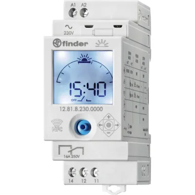 Finder Astro-Schaltuhr 12.81.8.230.0000 | 1 Kanal | NFC | LCD | DIN-Schiene | 16A | 230V AC | grau