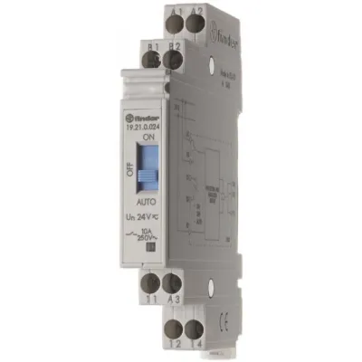 Finder Auto-Off-On-Relais 19.21.0.024.0000 | 24V AC/DC | 1 Wechsler 10A | Rückmeldekontakt | DIN-Schiene | IP20