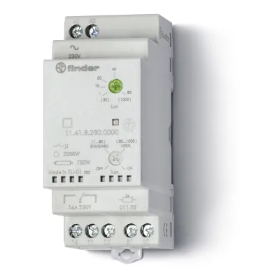Finder Dämmerungsschalter 11.41.8.230.0000 | DIN-Schiene | 16A 230V | Außenlichtsensor | 1–1000 Lux | IP54 | Grau