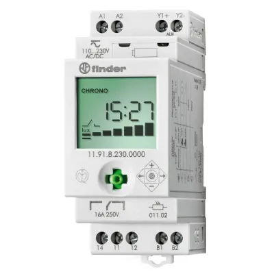 Finder Dämmerungsschalter 119182300000PAS | 230V | Zeitschaltuhr | 16A | Außensensor | DIN-Schiene | IP20/IP54 | Grau