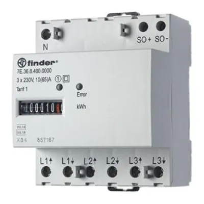 Finder 7E.36.8.400.0010 | MID Drehstromzähler 3-Phasen | 65A | SO-Schnittstelle | Hutschiene | geeicht