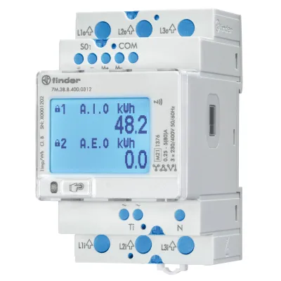 Finder Energiezähler 7M.38.8.400.0312 | 3-Phasen MID | LCD | M-Bus | S0 | NFC | 80A | Zweitarif | Hutschiene