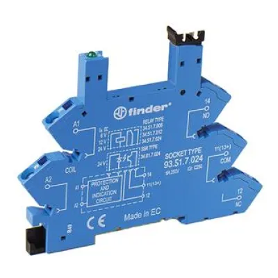 Finder Relaisfassung 93.51.7.024 | 5-polig | LED | EMV | 6-24V DC | Serie 34 | Hutschiene | blau