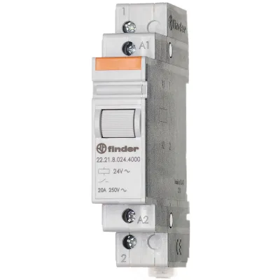 Finder Installationsrelais 22.21.8.024.4000 | 1 Schließer | 20A | 24V AC | mechanisch | DIN-Schiene | Prüftaste | IP20