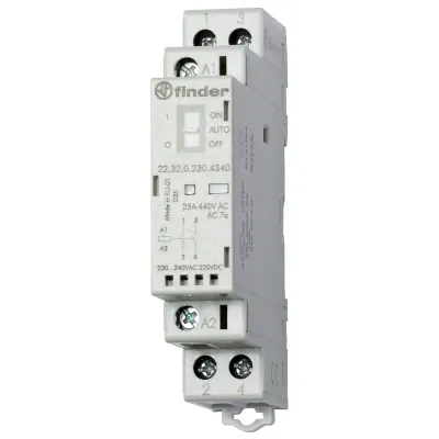 Finder Installationsschütz 22.32.0.230.4340 | 230V AC/DC | 25A | 2 Schließer | LED-Anzeige | mechanische Anzeige | grau