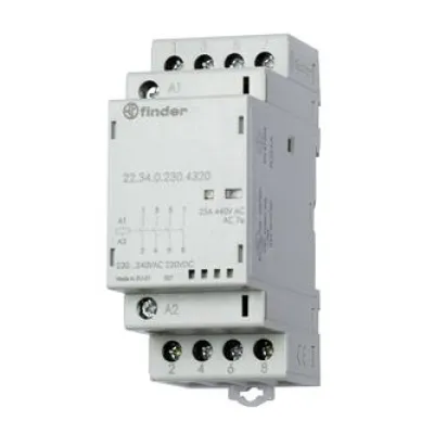 Finder Installationsschütz 22.34.0.230.4320 | 4 Schließer | 230V AC/DC | 25A | LED-Anzeige | Erweiterbar | IP20 | Grau