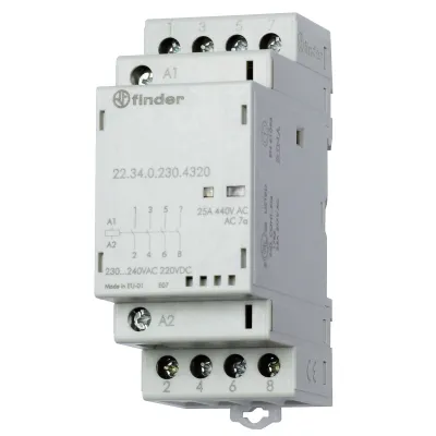 Finder Installationsschütz 22.34.0.230.4320 | 4 Schließer | 230V AC/DC | 25A | LED-Anzeige | Erweiterbar | IP20 | Grau