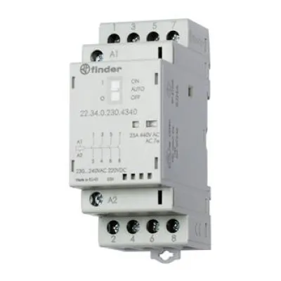 Finder Installationsschütz 22.34.0.230.4340 | 230V AC/DC | 25A | 4 Schließer | LED | Auto-Off-On | AgSnO2 | Grau