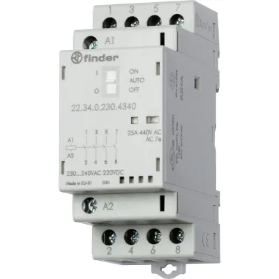 Finder Installationsschütz 22.34.0.230.4340 | 230V AC/DC | 25A | 4 Schließer | LED | Auto-Off-On | AgSnO2 | Grau