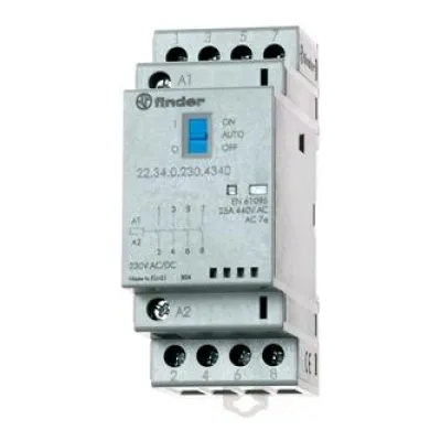 Finder Installationsschütz 22.34.0.024.4340 | 25A 4 Schließer | 24V AC/DC | LED | Auto-Off-On | DIN-Schiene | IP20