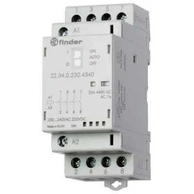 Finder Installationsschütz 22.34.0.024.4340 | 25A 4 Schließer | 24V AC/DC | LED | Auto-Off-On | DIN-Schiene | IP20