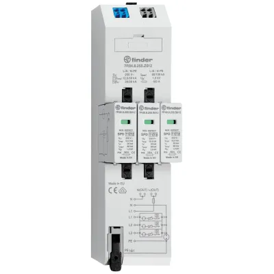 Finder Kombi-Ableiter 7P.04.8.255.Z012 | Typ 1+2 Blitzschutz | 12,5kA | 5-Leiter TN-S/TT | 230V | 3TE | optische Anzeige