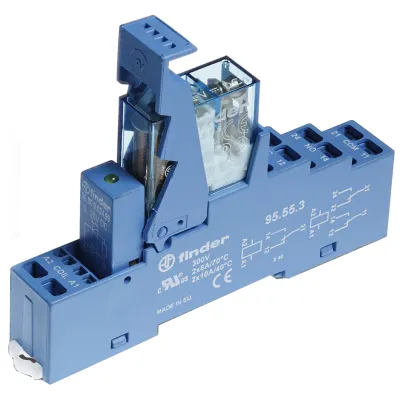 Finder Koppelrelais 49.72.7.024.0050 | 2 Wechsler 8A 24V DC | EMV-Entstörung | LED | Federzuganschluss | IP20 | Blau