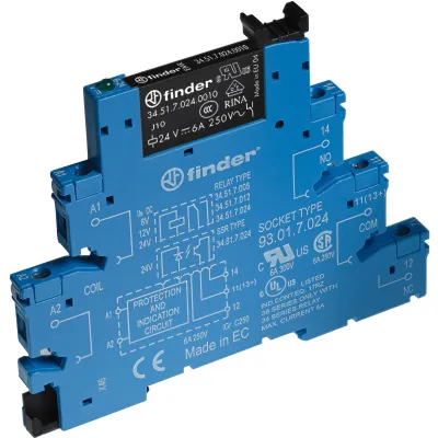 Finder Koppelrelais 38.51.7.024.5050 | 1 Wechsler 6A 24V DC | DIN-Schiene | Schraubanschluss | AgNi vergoldet | IP20