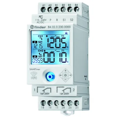 Finder SMARTIMER Zeitrelais 84.02.0.230.0000 | 2-Kanal | 110-240V AC/DC | NFC programmierbar | 16A | Hutschiene