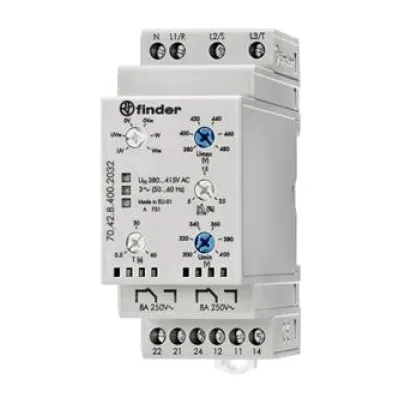 Finder Netzüberwachungsrelais 3-Phasen 70.42.8.400.2032 | 380-415V AC | Unter-/Überspannung | Phasenausfall | 2 Wechsler