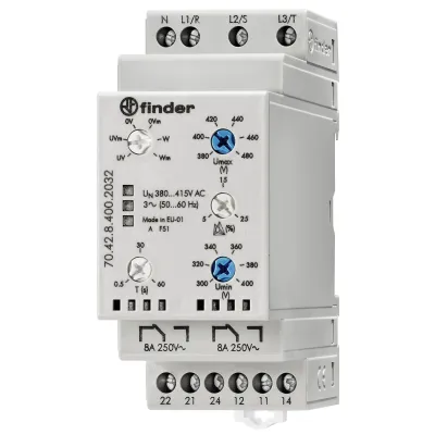 Finder Netzüberwachungsrelais 3-Phasen 70.42.8.400.2032 | 380-415V AC | Unter-/Überspannung | Phasenausfall | 2 Wechsler