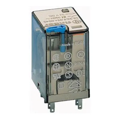Finder Relais 553290240040PAS | 10A | 24V DC | 2 Wechslerkontakte | mechanische Anzeige | Testknopf | durchsichtig