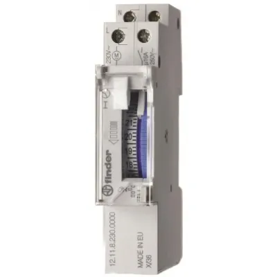 Finder Schaltuhr 12.11.8.230.0000 | mechanisch für DIN-Schiene | 1 Schließer 16A 230V | Tagesprogramm | 96 Schaltzeiten