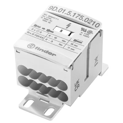 FINDER Energie-Verteilerblock 9D.01.5.175.0210 | 175A | 12-polig | 2 Eingänge 10 Ausgänge | 1000V | Tragschiene 35mm