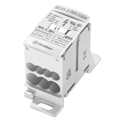 Finder Energie-Verteilerblock 80A 9D.01.5.080.0304 | 3 Eingänge | 4 Ausgänge | 1000V AC | für Tragschiene 35mm