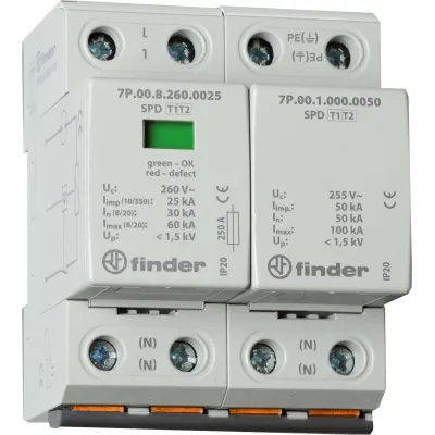 Finder Überspannungsableiter 7P.02.8.260.1025 | Typ 1+2 SPD | 1-phasig | 230V 30kA | Hutschiene | Fernmeldekontakt