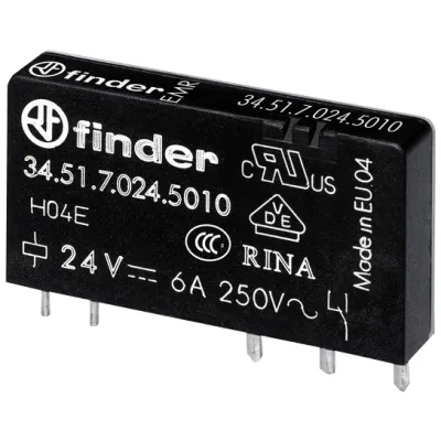 Finder Relais 34.51.7.024.5010 | Steck-/Printrelais | 24V DC | 6A | 1 Wechsler | 5x15x28mm | AgNi vergoldet | Schwarz