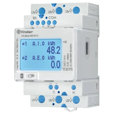 Finder Energiezähler 7M.38.8.400.0212 | 3-Phasen | MID | Modbus | S0 | NFC | LCD | 80A | DIN | geeicht, B-Ware
